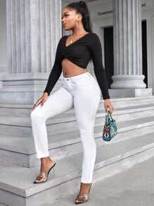 SHEIN SXY Slant Pocket Skinny Jeans - White - View 3