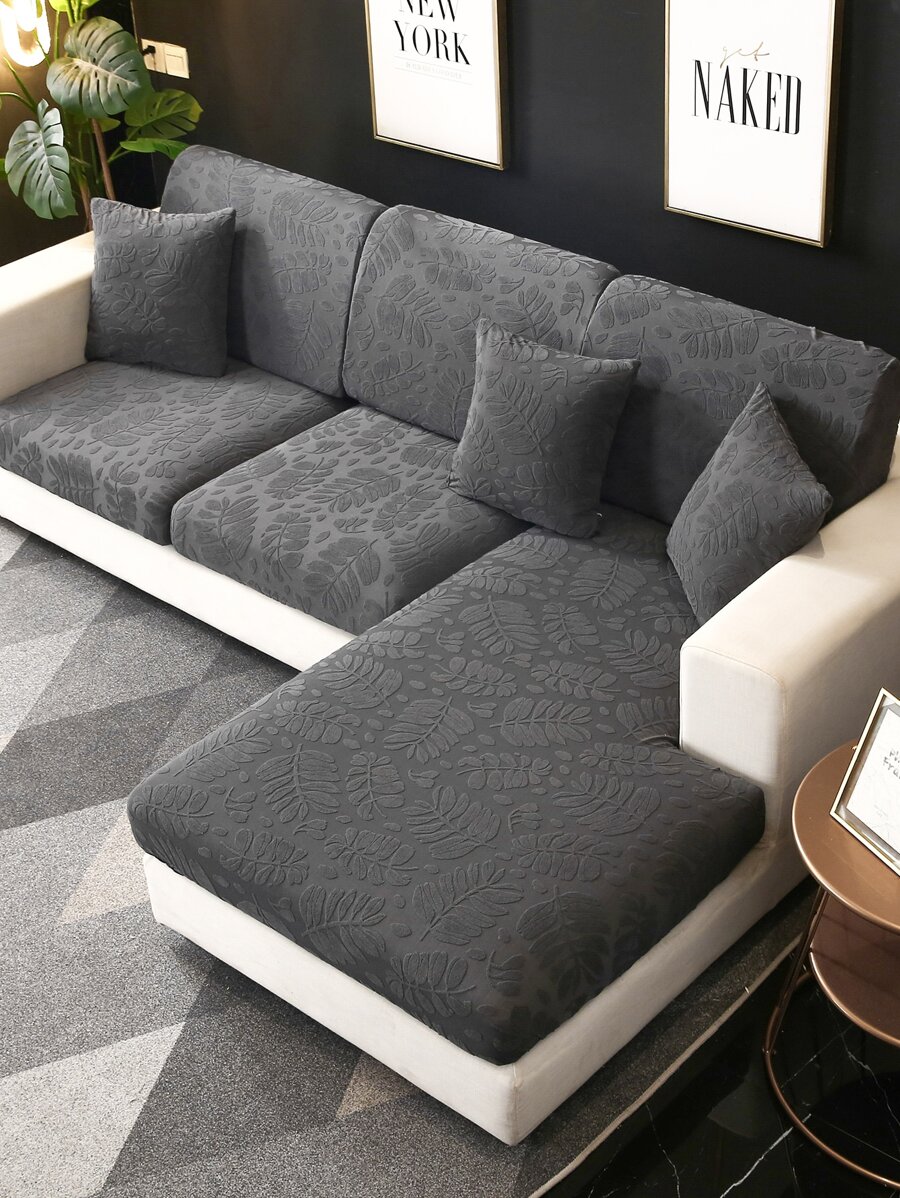 1入組樹葉提花有彈性沙發座墊套 - 深灰色 - 查看 1