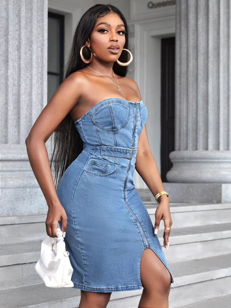 SHEIN SXY Zip Up Split Hem Belted Tube Denim Dress | SHEIN USA
