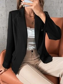 SHEIN Privé Lapel Neck Single Button Blazer - Black - View 3