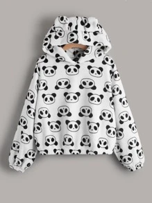 SHEIN EZwear Plus Size Panda Pattern Drop Shoulder Teddy Sweatshirt - White - View 1