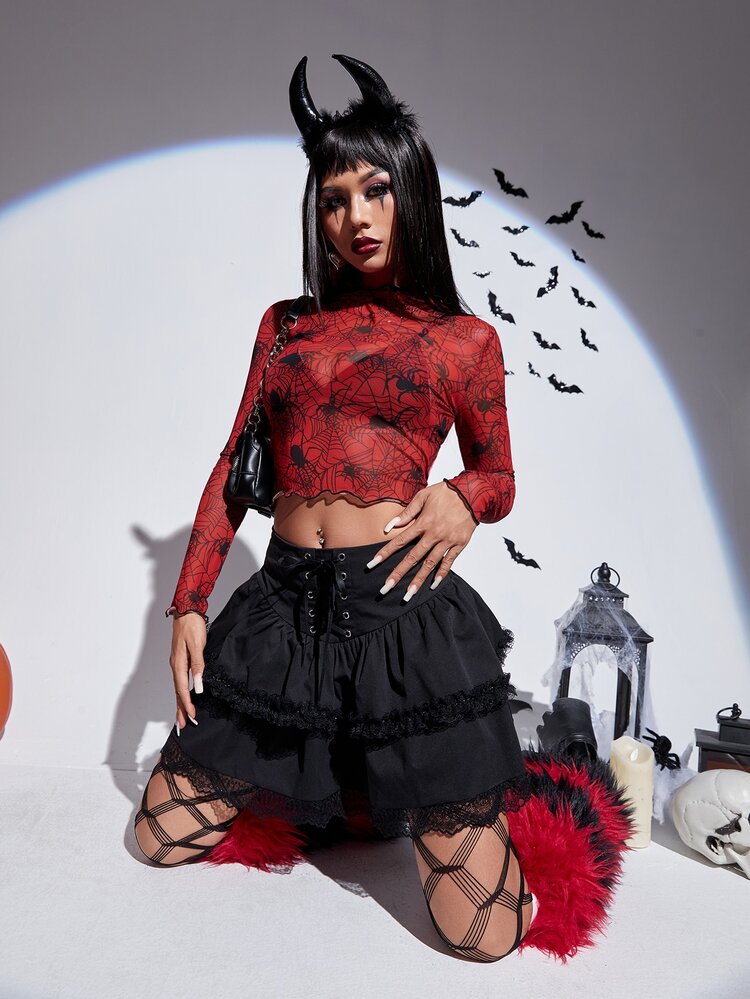 ROMWE PUNK Top araña con estampado ribete en forma de lechuga de malla transparente sin sujetador - Rojo - Añade 6
