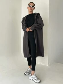DAZY Dây kéo Thả vai Dây rút Kiểu Dài Hoodie - Màu xám đen - Xem 1
