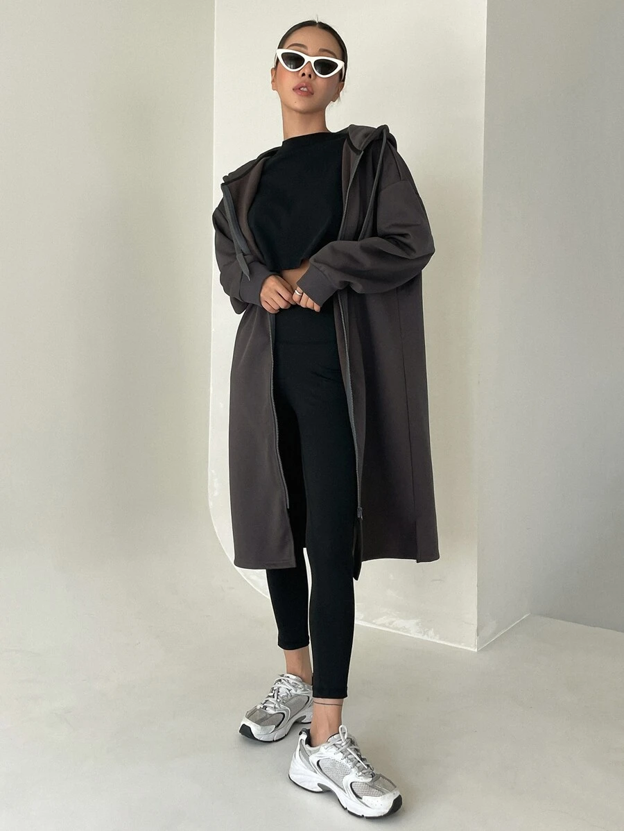 DAZY Dây kéo Thả vai Dây rút Kiểu Dài Hoodie - Màu xám đen - Xem 1