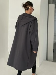 DAZY Dây kéo Thả vai Dây rút Kiểu Dài Hoodie - Màu xám đen - Xem 2