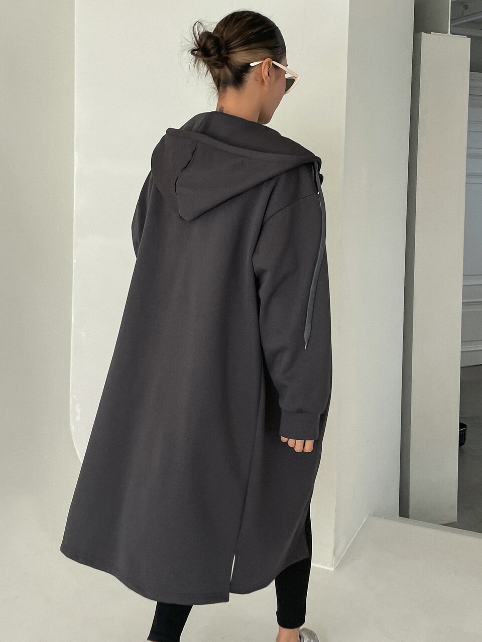 Zip Up Drop Shoulder Drawstring Longline Hoodie
