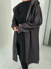 DAZY Dây kéo Thả vai Dây rút Kiểu Dài Hoodie - Màu xám đen - Xem 3