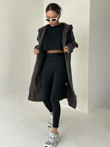 DAZY Dây kéo Thả vai Dây rút Kiểu Dài Hoodie - Màu xám đen - Xem 4