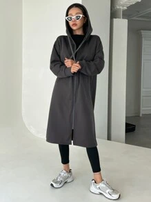 DAZY Dây kéo Thả vai Dây rút Kiểu Dài Hoodie - Màu xám đen - Xem 5
