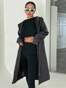 DAZY Dây kéo Thả vai Dây rút Kiểu Dài Hoodie - Màu xám đen - Xem 6