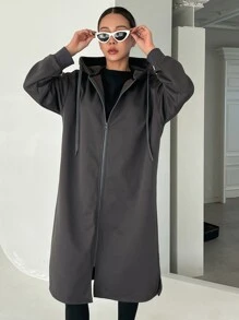 DAZY Dây kéo Thả vai Dây rút Kiểu Dài Hoodie - Màu xám đen - Xem 7