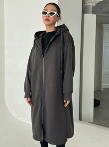 DAZY Dây kéo Thả vai Dây rút Kiểu Dài Hoodie - Màu xám đen - Xem 8