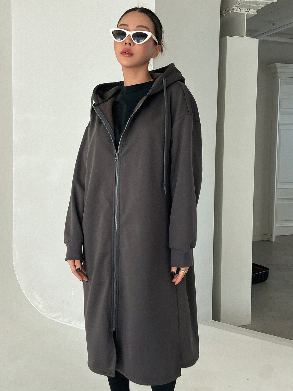 Zip Up Drop Shoulder Drawstring Longline Hoodie