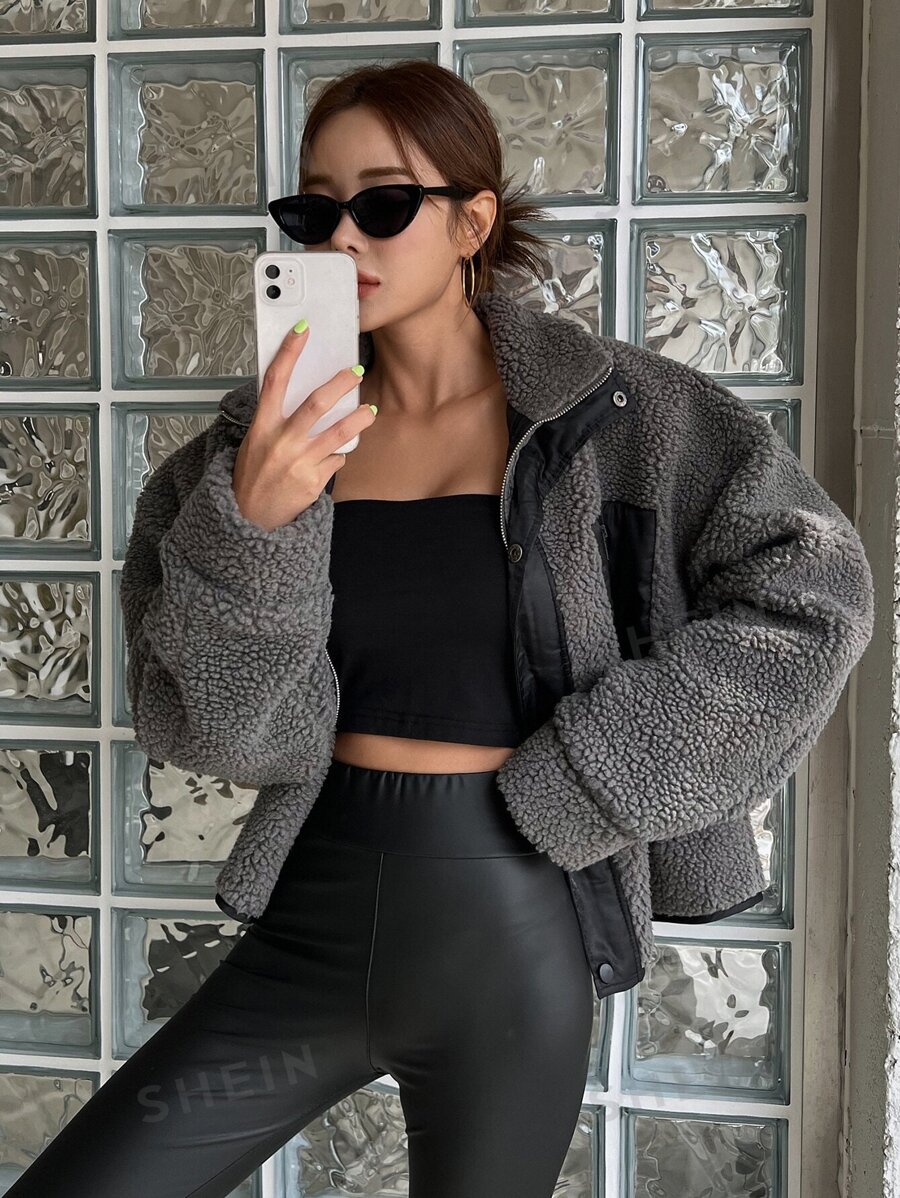 DAZY Chaqueta tipo teddy con cremallera y hombros caídos, ropa de mujer de otoño - Gris Oscuro - Ver 1