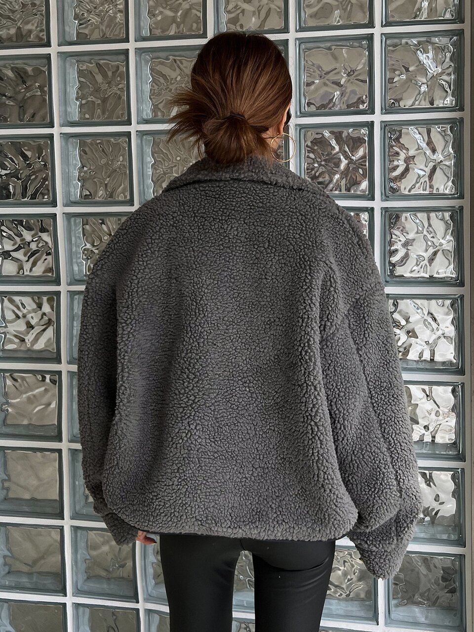 Zip Up Drop Shoulder Teddy Jacket,Fall Women Clothes