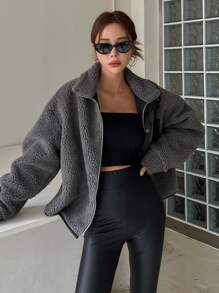 DAZY 拉链落肩泰迪夹克，秋季女装 - 深灰色 - 查看 4