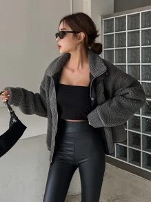 DAZY 拉链落肩泰迪夹克，秋季女装 - 深灰色 - 查看 5