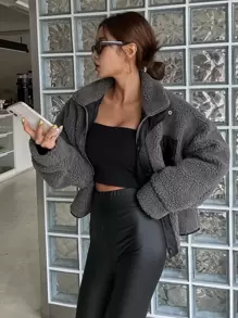 DAZY 拉链落肩泰迪夹克，秋季女装 - 深灰色 - 查看 7