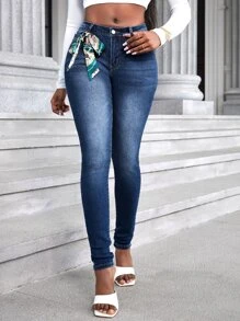 漂白水洗聚龍緊身牛仔褲帶圍巾 - 中等水洗藍 - 查看 1