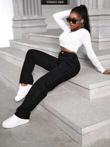 SHEIN SXY High Waist Flap Pocket Cargo Jeans - Black - View 2