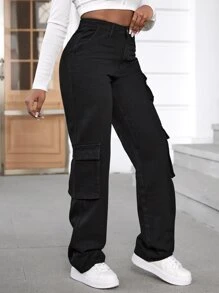SHEIN SXY High Waist Flap Pocket Cargo Jeans - Black - View 5