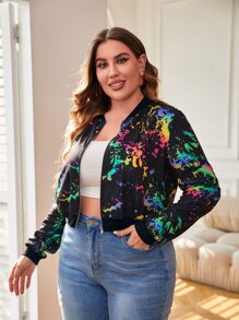 SHEIN LUNE Plus Splash Ink Print Bomber Jacket Winter Fall Autumn - Multicolor - View 1