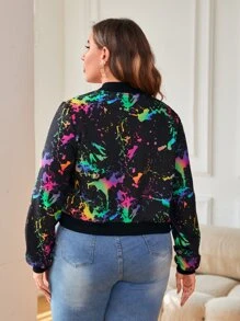 SHEIN LUNE Plus Splash Ink Print Bomber Jacket Winter Fall Autumn - Multicolor - View 2