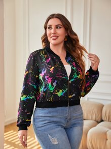 SHEIN LUNE Plus Splash Ink Print Bomber Jacket Winter Fall Autumn - Multicolor - View 4