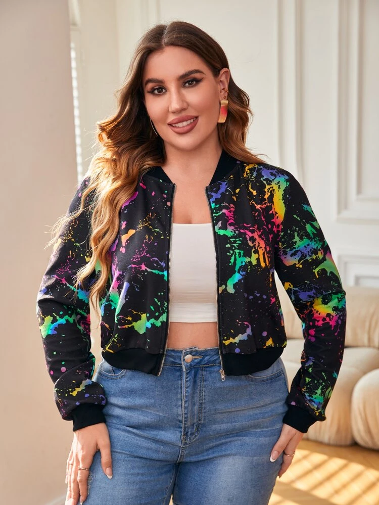 Plus Splash Ink Print Bomber Jacket Winter Fall Autumn