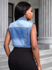 SHEIN SXY 翻蓋細節馬甲牛仔夾克 - 中等水洗藍 - 查看 3