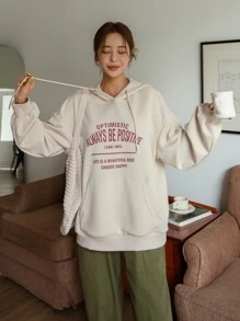 DAZY Capucha con estampado de slogan con bolsillo de canguro de hombros caídos con cordón - Albaricoque - Ver 3