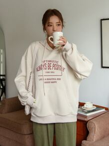 DAZY Capucha con estampado de slogan con bolsillo de canguro de hombros caídos con cordón - Albaricoque - Ver 4