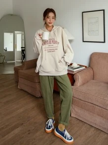 DAZY Capucha con estampado de slogan con bolsillo de canguro de hombros caídos con cordón - Albaricoque - Ver 5