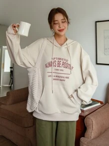 DAZY Capucha con estampado de slogan con bolsillo de canguro de hombros caídos con cordón - Albaricoque - Ver 6