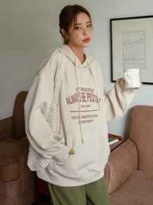 DAZY Capucha con estampado de slogan con bolsillo de canguro de hombros caídos con cordón - Albaricoque - Ver 7