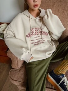 DAZY Capucha con estampado de slogan con bolsillo de canguro de hombros caídos con cordón - Albaricoque - Ver 8