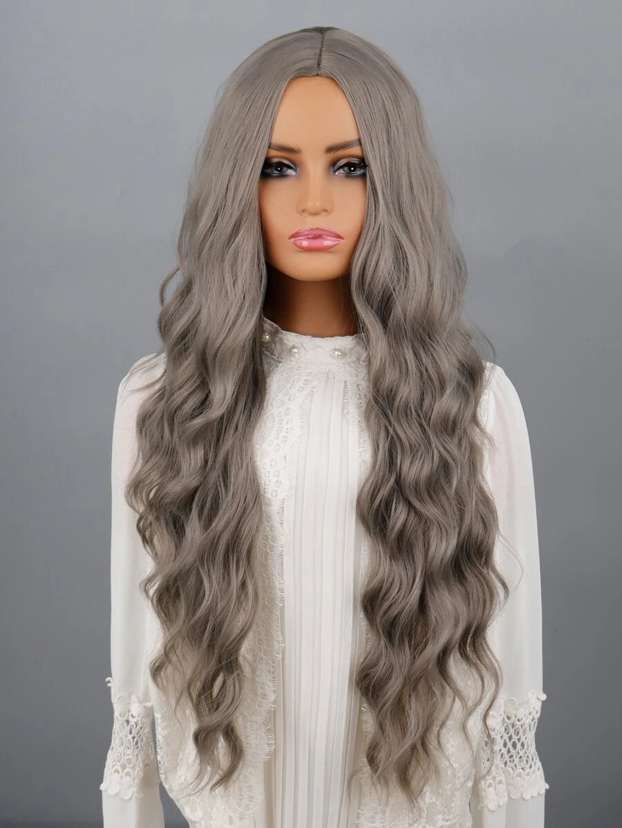Peluca Gris Sintética Con Ondas Largas Sin Flequillo Para Mujeres, Fibra Resistente A Alta Temperatura De 26 Pulgadas, Uso Diario Para Cosplay, Fiesta De Año Nuevo, Navidad - Gris - Ver 1