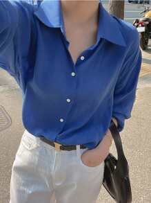 DAZY Solid Button Front Drop Shoulder Shirt - Blue - View 4