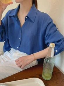 DAZY Solid Button Front Drop Shoulder Shirt - Blue - View 6