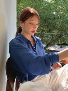 DAZY Solid Button Front Drop Shoulder Shirt - Blue - View 9