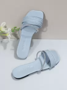 Sandal đế bằng dệt tay kiểu Âu và Mỹ, đính đá sọc, dành cho nữ, nhẹ, thoải mái, chống trơn trượt, thích hợp cho trang phục đi biển và trang phục mùa hè. - Màu xanh lam - Xem 2