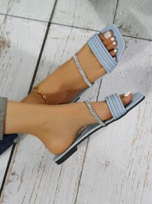 Sandal đế bằng dệt tay kiểu Âu và Mỹ, đính đá sọc, dành cho nữ, nhẹ, thoải mái, chống trơn trượt, thích hợp cho trang phục đi biển và trang phục mùa hè. - Màu xanh lam - Xem 3