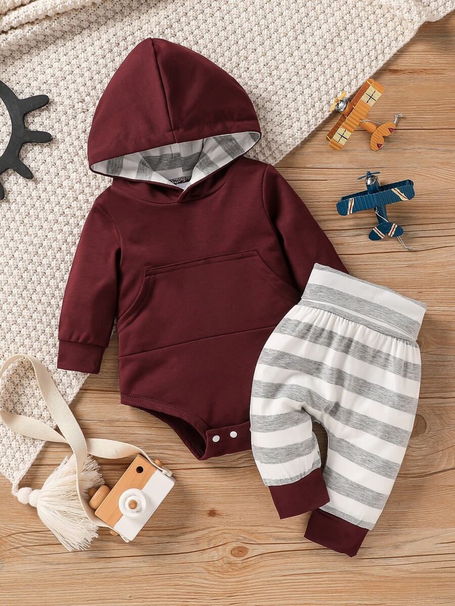 Baby Boy Kangaroo Pocket Hooded Bodysuit & Striped Joggers - Multicolor - View 1
