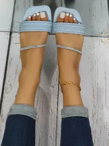 Sandal đế bằng dệt tay kiểu Âu và Mỹ, đính đá sọc, dành cho nữ, nhẹ, thoải mái, chống trơn trượt, thích hợp cho trang phục đi biển và trang phục mùa hè. - Màu xanh lam - Xem 4