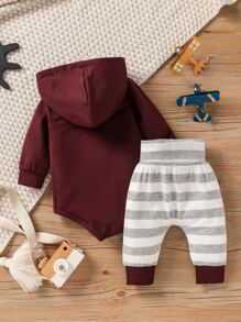 Baby Boy Kangaroo Pocket Hooded Bodysuit & Striped Joggers - Multicolor - View 2