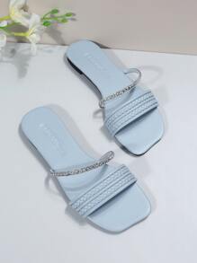 Sandal đế bằng dệt tay kiểu Âu và Mỹ, đính đá sọc, dành cho nữ, nhẹ, thoải mái, chống trơn trượt, thích hợp cho trang phục đi biển và trang phục mùa hè. - Màu xanh lam - Xem 5