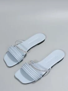 Sandal đế bằng dệt tay kiểu Âu và Mỹ, đính đá sọc, dành cho nữ, nhẹ, thoải mái, chống trơn trượt, thích hợp cho trang phục đi biển và trang phục mùa hè. - Màu xanh lam - Xem 8