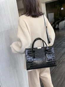 3pcs Crocodile Embossed Satchel Bag With Purse, Mother's Day Gift For Mom - Black - View 2