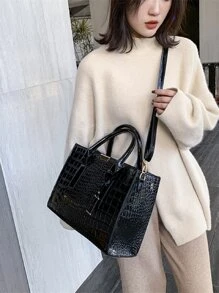 3pcs Crocodile Embossed Satchel Bag With Purse, Mother's Day Gift For Mom - Black - View 3