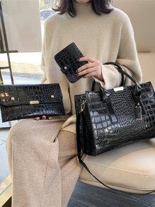 3pcs Crocodile Embossed Satchel Bag With Purse, Mother's Day Gift For Mom - Black - View 4